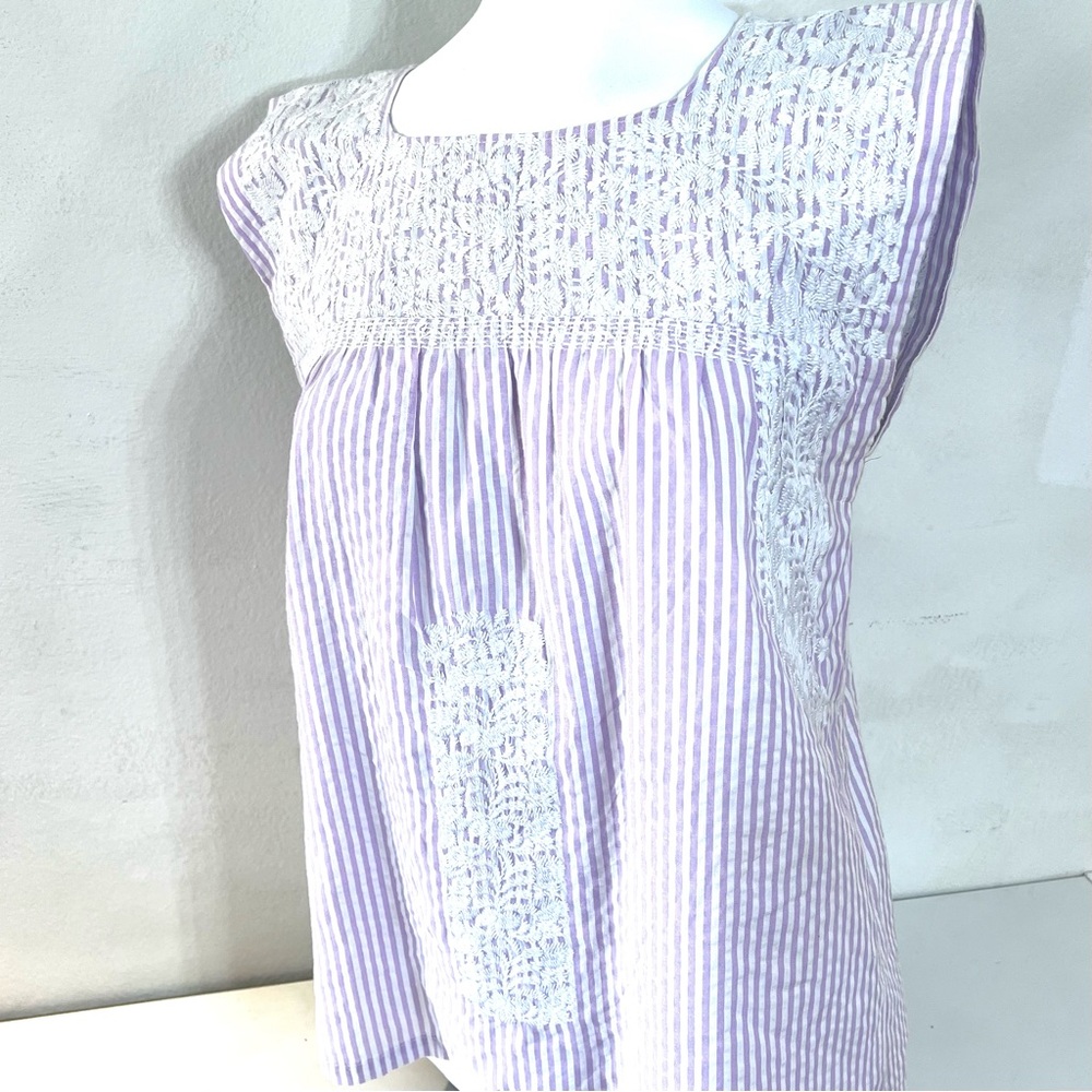 J Marie Purple Stripe Embroidered Annie Top ~ Pastel Lavender Seersucker ~unworn